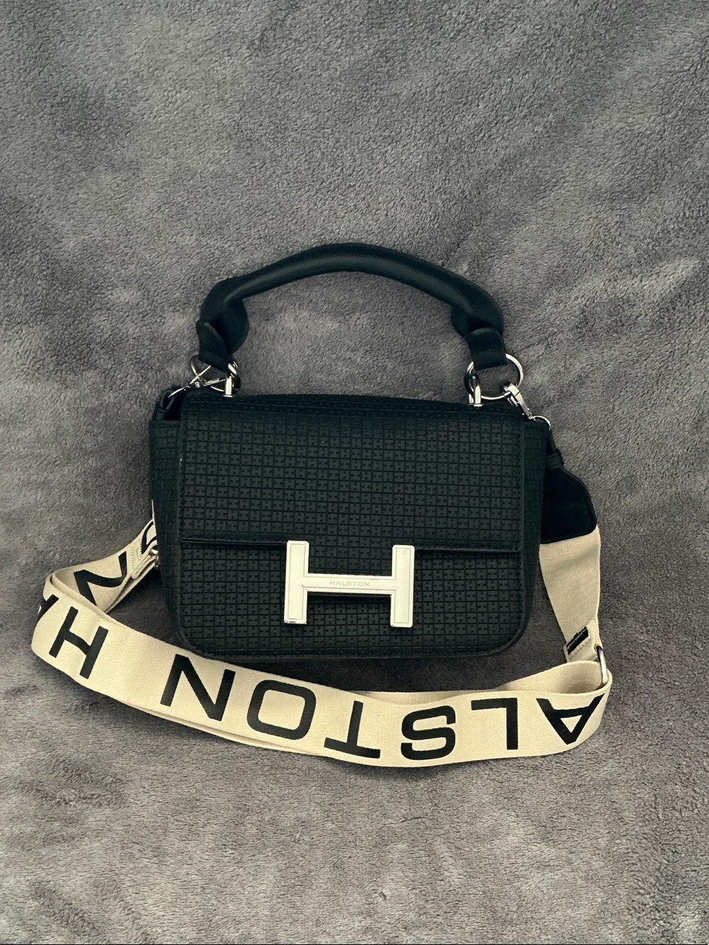 Halston Heritage Black Crossbody with Cream Logo Strap